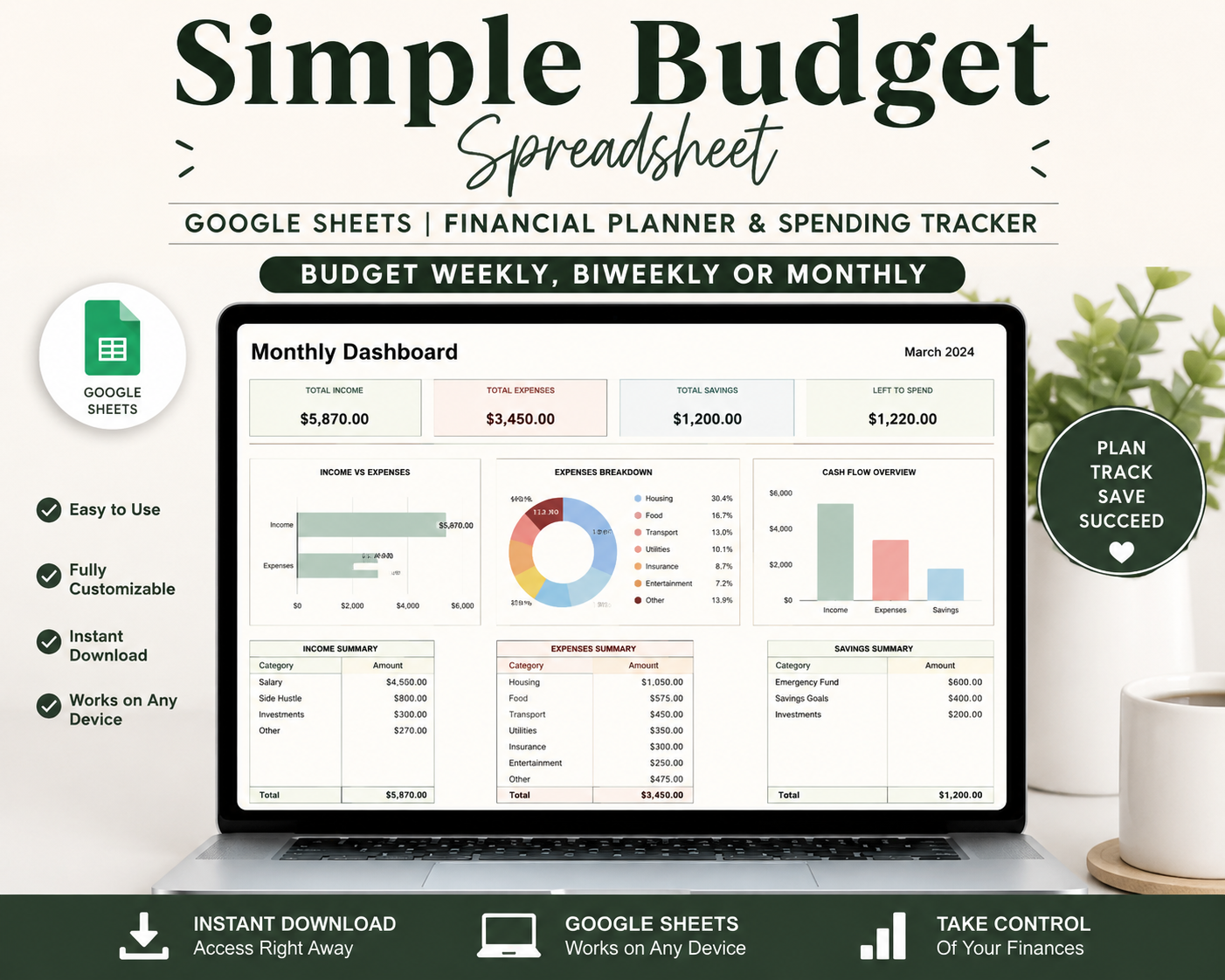 Simple Budget Spreadsheet Google Sheets | Financial Planner & Spending Tracker (Weekly, Biweekly, Monthly)