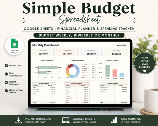 Simple Budget Spreadsheet Google Sheets | Financial Planner & Spending Tracker (Weekly, Biweekly, Monthly)